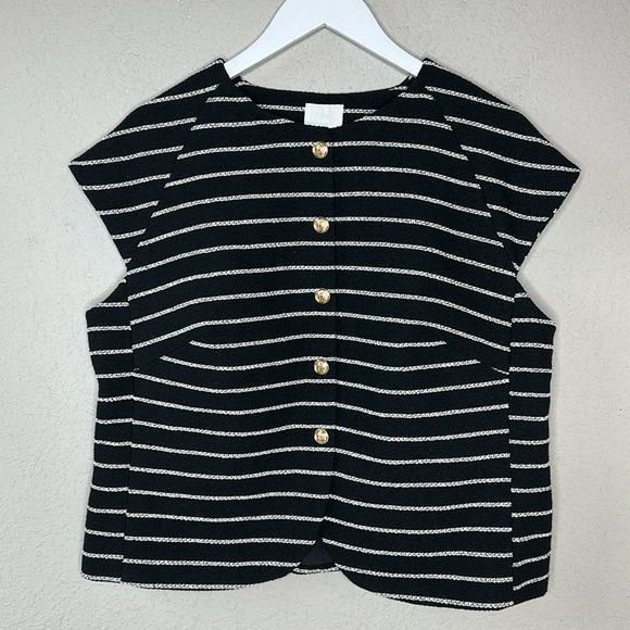 NWT H&M Black & White Striped Tweed Short Sleeve Button Front Top Blazer Size XL - Picture 4 of 15